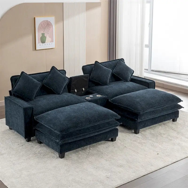 112.6 Chenille Upholstered Sectional Sofa with Two Removable Ottoman
