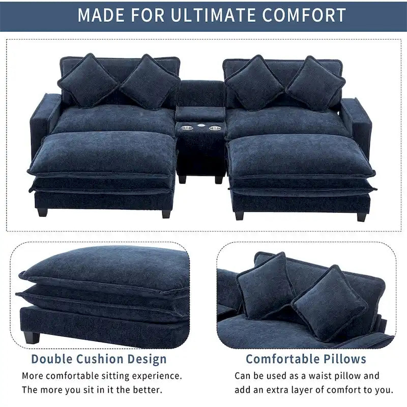 112.6 Chenille Upholstered Sectional Sofa with Two Removable Ottoman