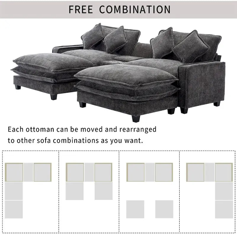 112.6 Chenille Upholstered Sectional Sofa with Two Removable Ottoman