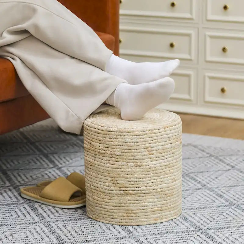 Adeco Round Ottoman Natural Cattail Hand Weave Foot Stool