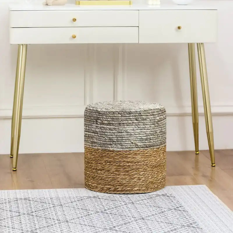 Adeco Round Ottoman Natural Cattail Hand Weave Foot Stool