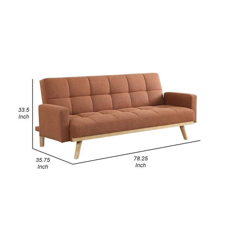 Kori 78 Inch Sofa Futon Bed with Tufted Back, Angled Legs, Orange Fabric