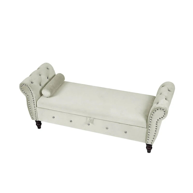 63.4 in. Velvet Bedroom Bench with Solid Wood Legs & 1 Pillow Nail Storage Ottoman Bench with Armrest Crystal Buckle