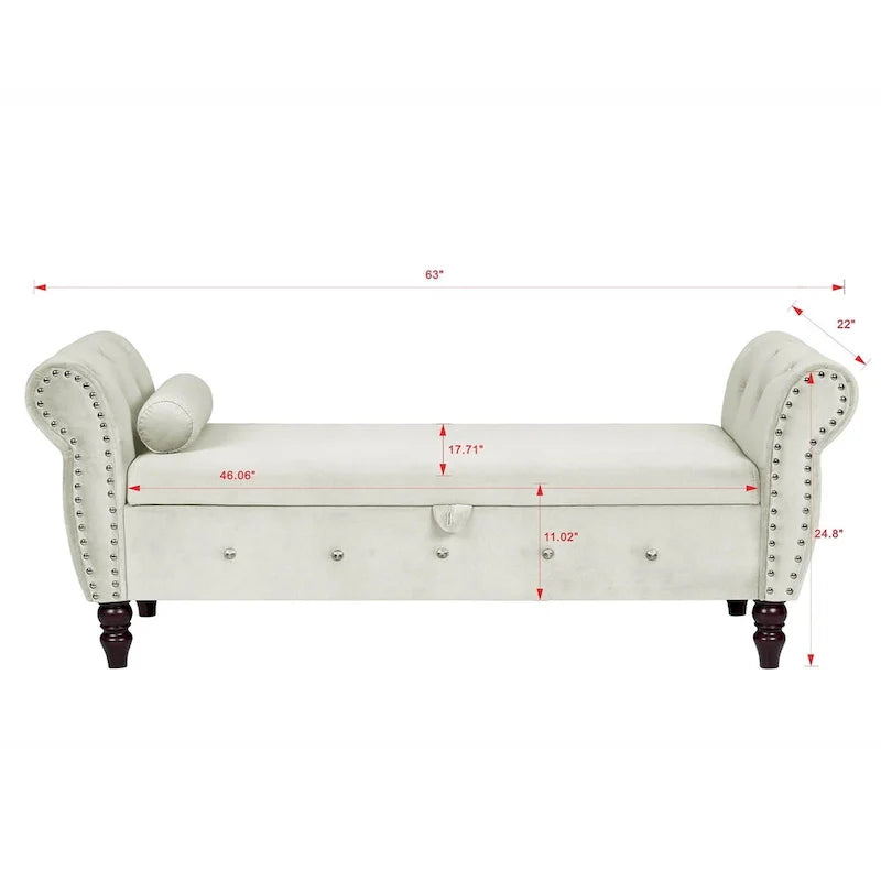 63.4 in. Velvet Bedroom Bench with Solid Wood Legs & 1 Pillow Nail Storage Ottoman Bench with Armrest Crystal Buckle