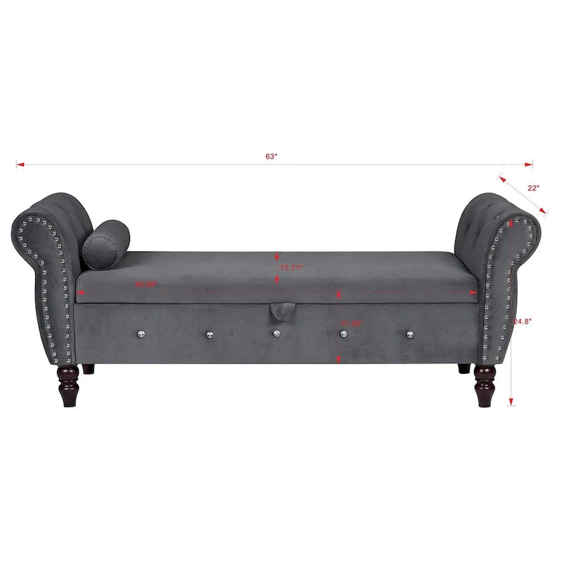 63.4 in. Velvet Bedroom Bench with Solid Wood Legs & 1 Pillow Nail Storage Ottoman Bench with Armrest Crystal Buckle