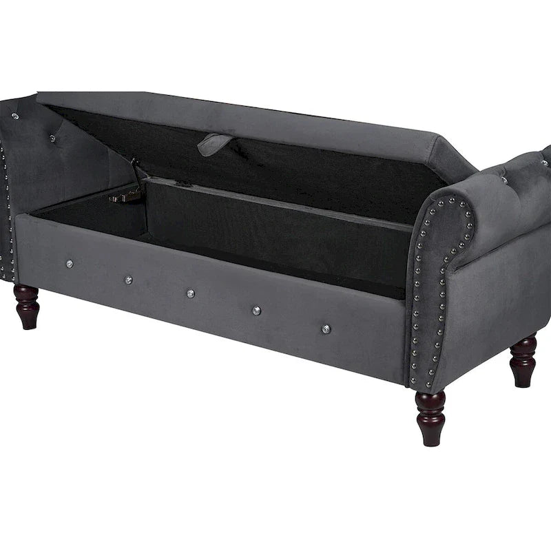63.4 in. Velvet Bedroom Bench with Solid Wood Legs & 1 Pillow Nail Storage Ottoman Bench with Armrest Crystal Buckle