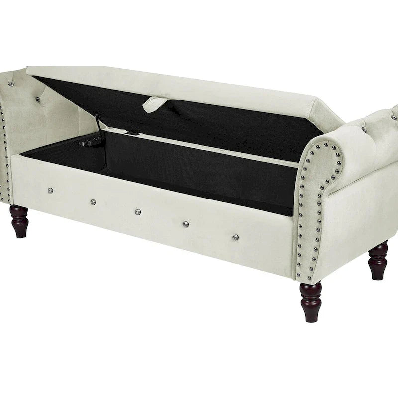63.4 in. Velvet Bedroom Bench with Solid Wood Legs & 1 Pillow Nail Storage Ottoman Bench with Armrest Crystal Buckle