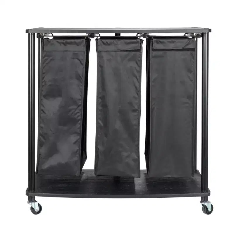 3-Bag Laundry Center, Smooth Laminate Shelving, Sturdy Steel Frame, Hanging Bar, Wheeling and Stationary Feet Options
