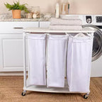 3-Bag Laundry Center, Smooth Laminate Shelving, Sturdy Steel Frame, Hanging Bar, Wheeling and Stationary Feet Options
