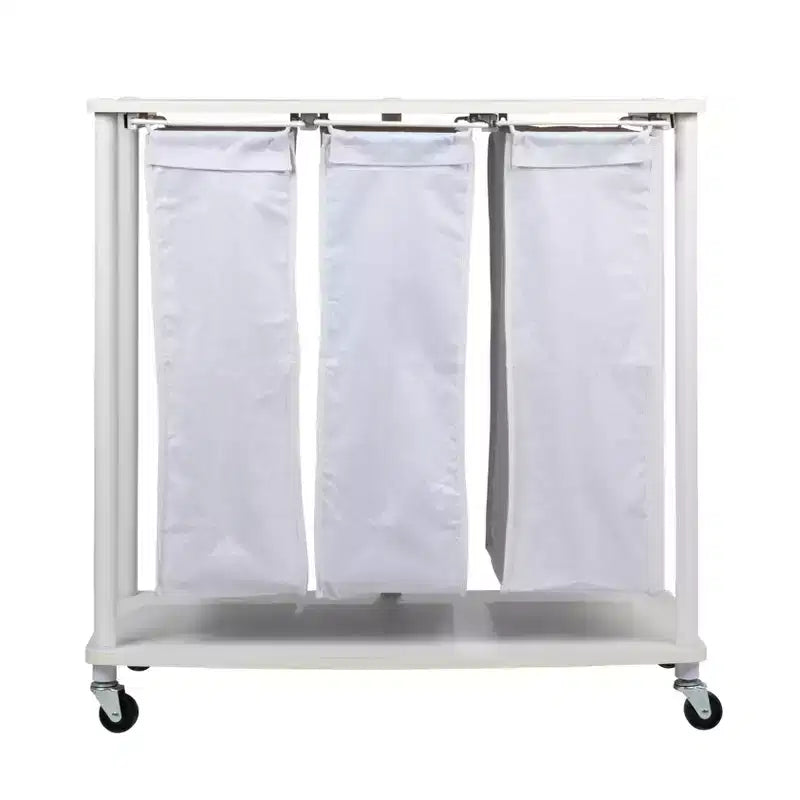 3-Bag Laundry Center, Smooth Laminate Shelving, Sturdy Steel Frame, Hanging Bar, Wheeling and Stationary Feet Options