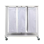 3-Bag Laundry Center, Smooth Laminate Shelving, Sturdy Steel Frame, Hanging Bar, Wheeling and Stationary Feet Options