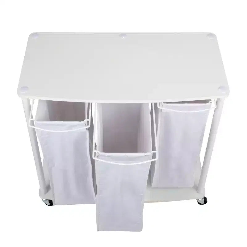 3-Bag Laundry Center, Smooth Laminate Shelving, Sturdy Steel Frame, Hanging Bar, Wheeling and Stationary Feet Options