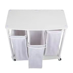 3-Bag Laundry Center, Smooth Laminate Shelving, Sturdy Steel Frame, Hanging Bar, Wheeling and Stationary Feet Options