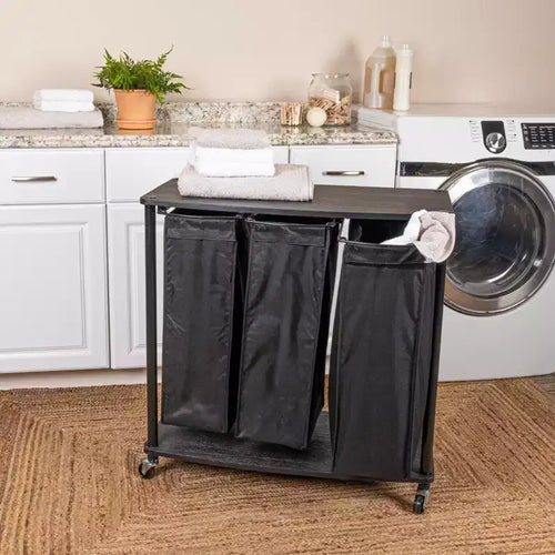 3-Bag Laundry Center, Smooth Laminate Shelving, Sturdy Steel Frame, Hanging Bar, Wheeling and Stationary Feet Options