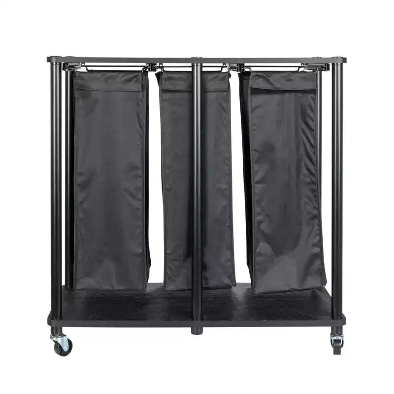 3-Bag Laundry Center, Smooth Laminate Shelving, Sturdy Steel Frame, Hanging Bar, Wheeling and Stationary Feet Options