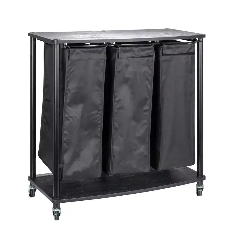 3-Bag Laundry Center, Smooth Laminate Shelving, Sturdy Steel Frame, Hanging Bar, Wheeling and Stationary Feet Options
