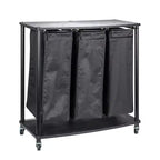 3-Bag Laundry Center, Smooth Laminate Shelving, Sturdy Steel Frame, Hanging Bar, Wheeling and Stationary Feet Options
