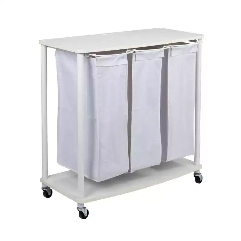 3-Bag Laundry Center, Smooth Laminate Shelving, Sturdy Steel Frame, Hanging Bar, Wheeling and Stationary Feet Options