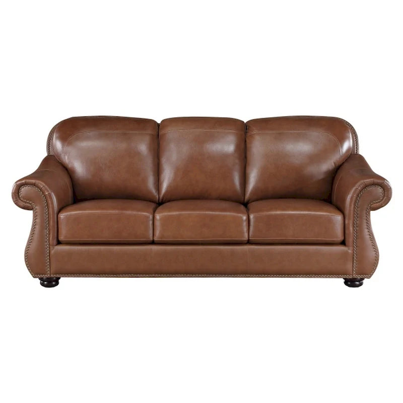Boro 85 Inch Sofa, Rich Brown Top Grain and Faux Leather, Solid Wood