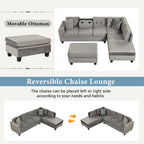 104.5-inch Modern L-shaped Sectional Sofa with Storage Ottoman and Reversible Chaise - 104.5W x 74.5D x 33.5H