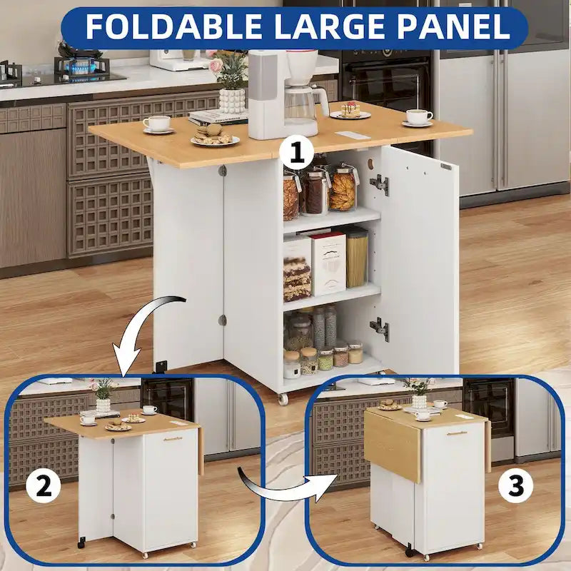 Moasis Foldable Kitchen Island With Trash Can Storage Cabinet & Power Outlet