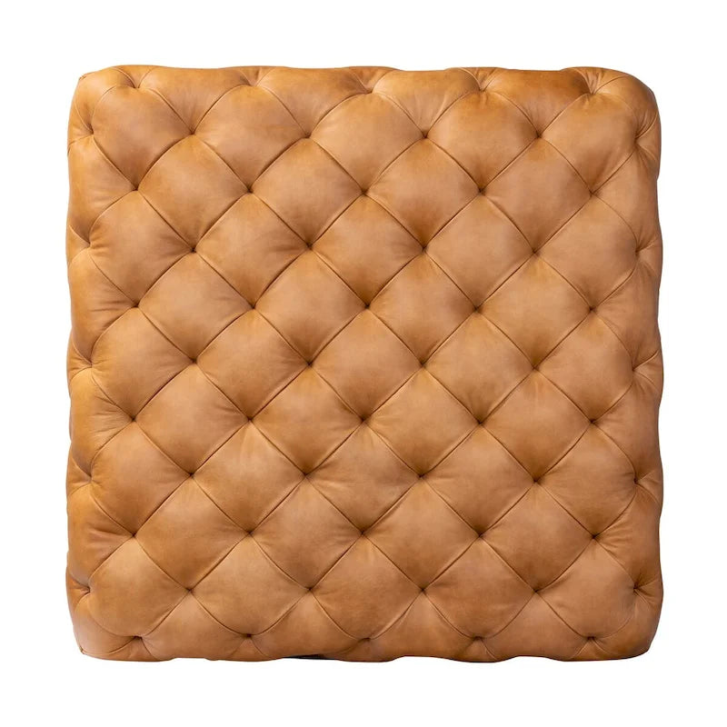 Poly & Bark Turin Ottoman in Cognac Tan with Wood Legs - Full Grain Genuine Italian Leather