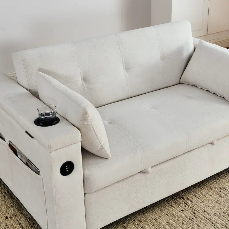 2-Seat Sleeper Sofa Bed with USB Power Outlet, Side Pockets and Lumbar Pillow
