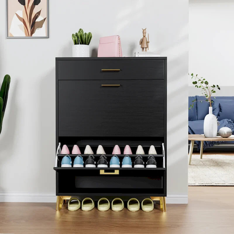 Shoe Storage Cabinet for Entryway, Free Standing Organizer with 2 Flip Drawers, Hidden Shoe Rack for Doorway Hallway Closet