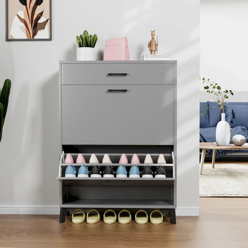 Shoe Storage Cabinet for Entryway, Free Standing Organizer with 2 Flip Drawers, Hidden Shoe Rack for Doorway Hallway Closet
