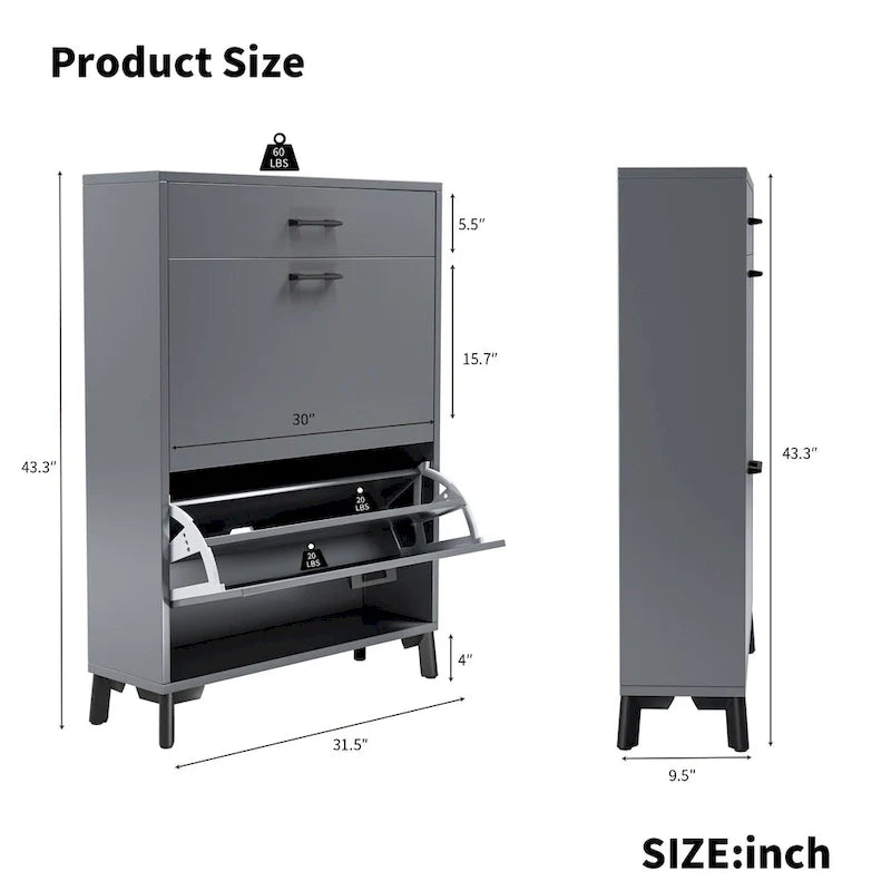 Shoe Storage Cabinet for Entryway, Free Standing Organizer with 2 Flip Drawers, Hidden Shoe Rack for Doorway Hallway Closet