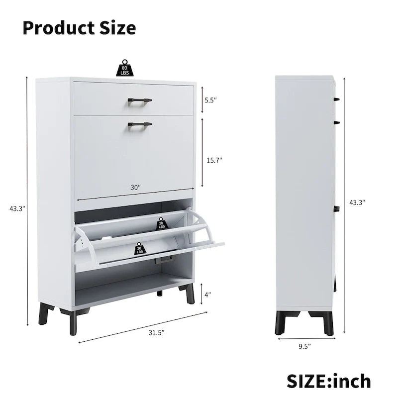 Shoe Storage Cabinet for Entryway, Free Standing Organizer with 2 Flip Drawers, Hidden Shoe Rack for Doorway Hallway Closet