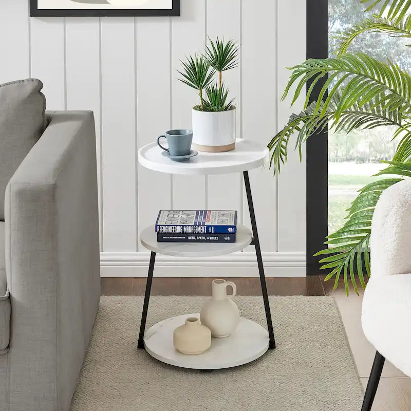 Skylar Round 3-Tier Side Accent Table with Raised Lip Edge Tabletop and Midcentury Modern Metal Asymmetric Pedestal Legs