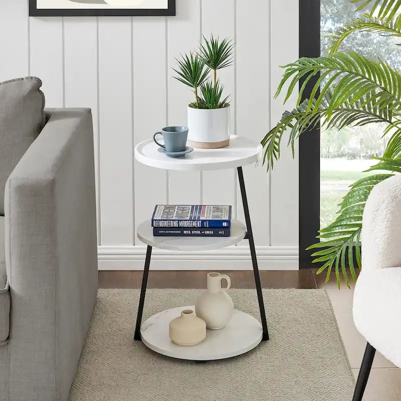 Skylar Round 3-Tier Side Accent Table with Raised Lip Edge Tabletop and Midcentury Modern Metal Asymmetric Pedestal Legs