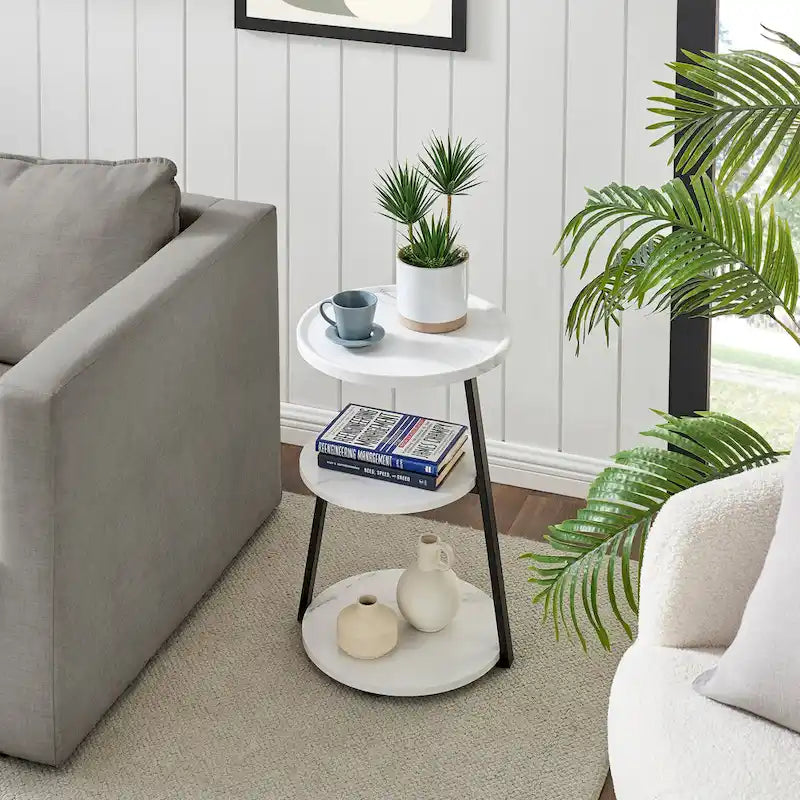 Skylar Round 3-Tier Side Accent Table with Raised Lip Edge Tabletop and Midcentury Modern Metal Asymmetric Pedestal Legs