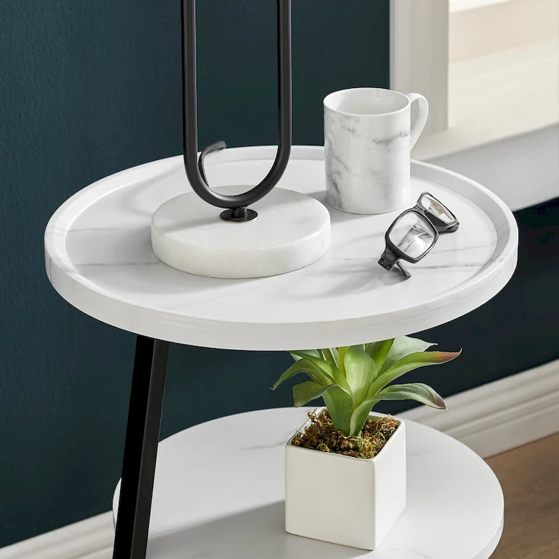 Skylar Round 3-Tier Side Accent Table with Raised Lip Edge Tabletop and Midcentury Modern Metal Asymmetric Pedestal Legs