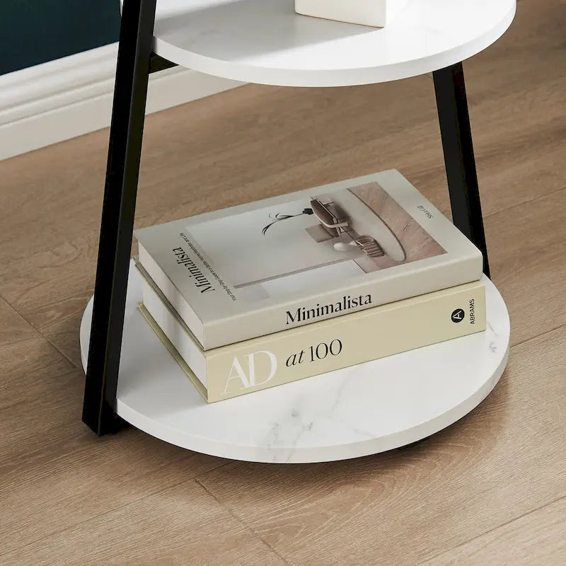 Skylar Round 3-Tier Side Accent Table with Raised Lip Edge Tabletop and Midcentury Modern Metal Asymmetric Pedestal Legs