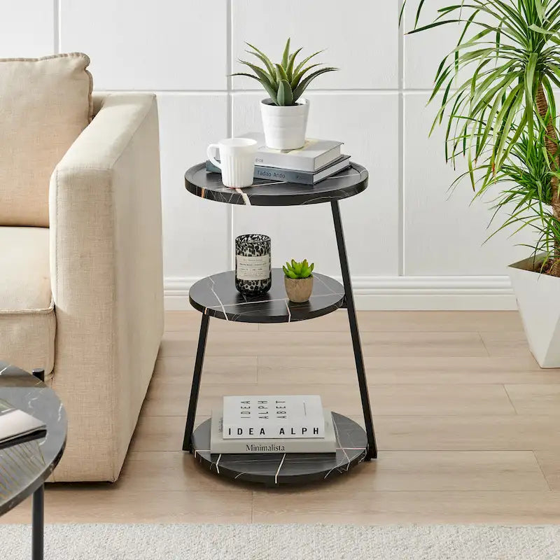Skylar Round 3-Tier Side Accent Table with Raised Lip Edge Tabletop and Midcentury Modern Metal Asymmetric Pedestal Legs