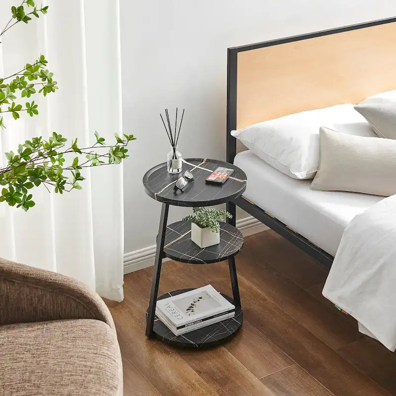 Skylar Round 3-Tier Side Accent Table with Raised Lip Edge Tabletop and Midcentury Modern Metal Asymmetric Pedestal Legs