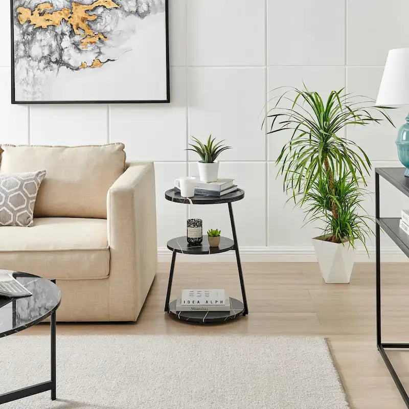 Skylar Round 3-Tier Side Accent Table with Raised Lip Edge Tabletop and Midcentury Modern Metal Asymmetric Pedestal Legs