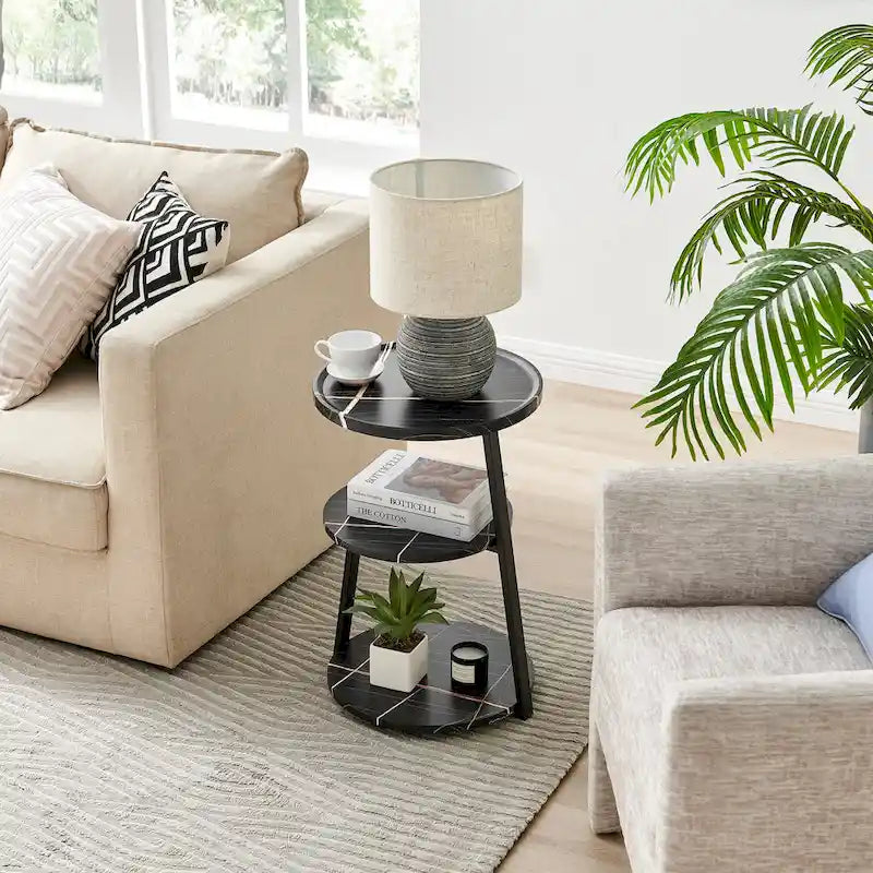 Skylar Round 3-Tier Side Accent Table with Raised Lip Edge Tabletop and Midcentury Modern Metal Asymmetric Pedestal Legs