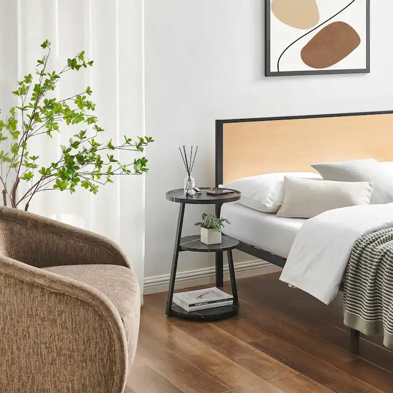 Skylar Round 3-Tier Side Accent Table with Raised Lip Edge Tabletop and Midcentury Modern Metal Asymmetric Pedestal Legs