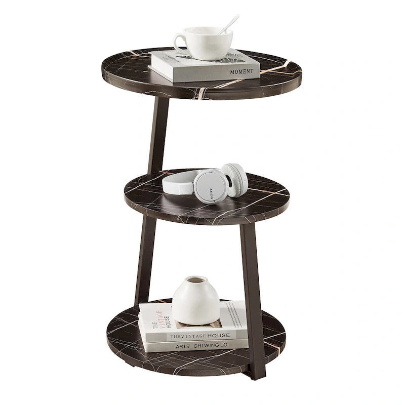 Skylar Round 3-Tier Side Accent Table with Raised Lip Edge Tabletop and Midcentury Modern Metal Asymmetric Pedestal Legs