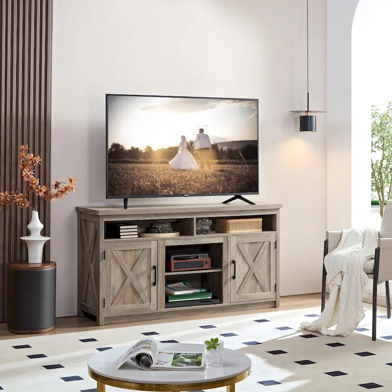 Farmhouse Barn door TV Media Stand Entertainment Console for TV Up to 65 with Open and Closed Storage Space