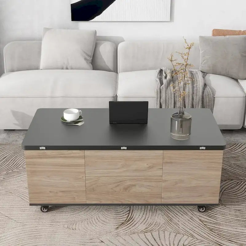 Modern Walnut & White Lift Top Coffee Table Multifunctional Table with Drawers & Shelves