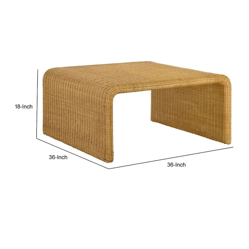 36 Inch Square Rattan Coffee Table, Waterfall Edges, Natural Textured Brown