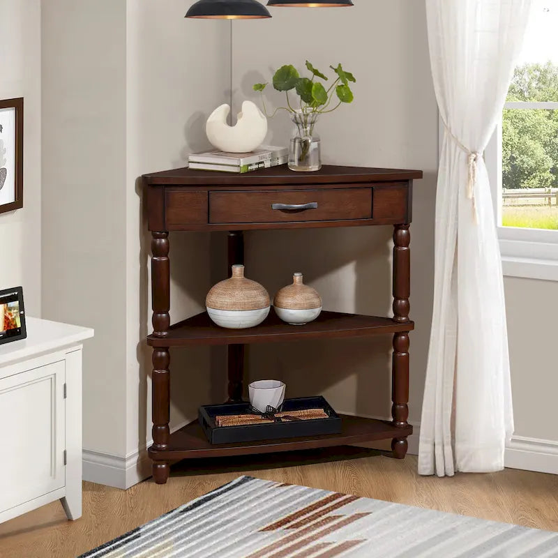 Wood Triangle Corner Side Table for Small Spaces Living Room
