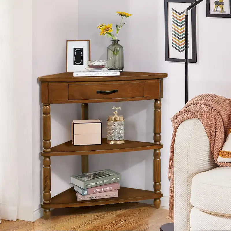 Wood Triangle Corner Side Table for Small Spaces Living Room