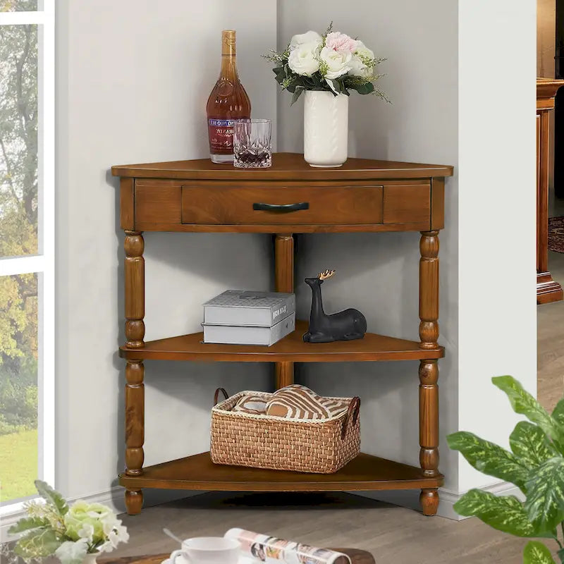 Wood Triangle Corner Side Table for Small Spaces Living Room