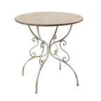 Round Wooden Table with Metal Scrollwork Legs