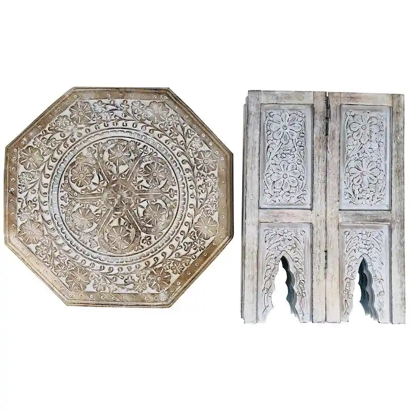 Olta 18 Inch Handcrafted Farmhouse Side Table, Engraved Carved Design, Mango Wood, Octagonal Top, Antique Brown